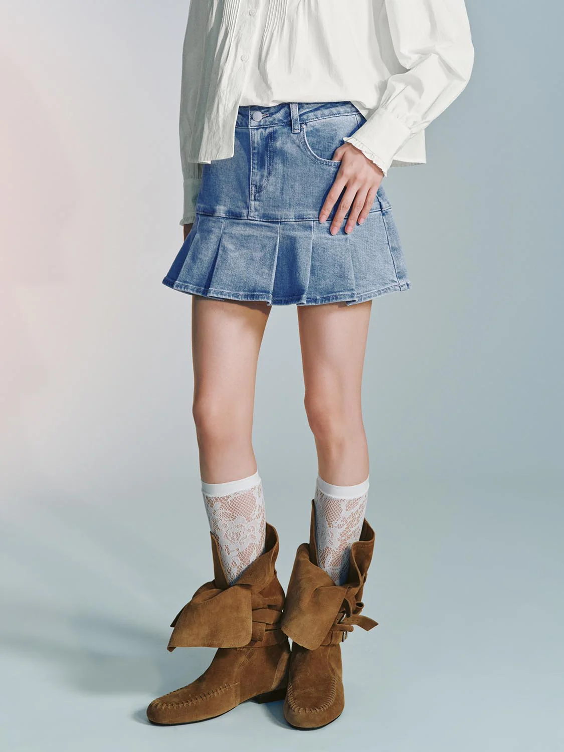 Pleated Denim Mini Skirts - Image 3