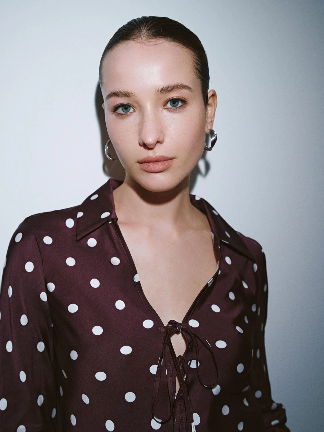 Polka Dotted Lace Trim V-Neck Laced-Up Shirts - Image 3