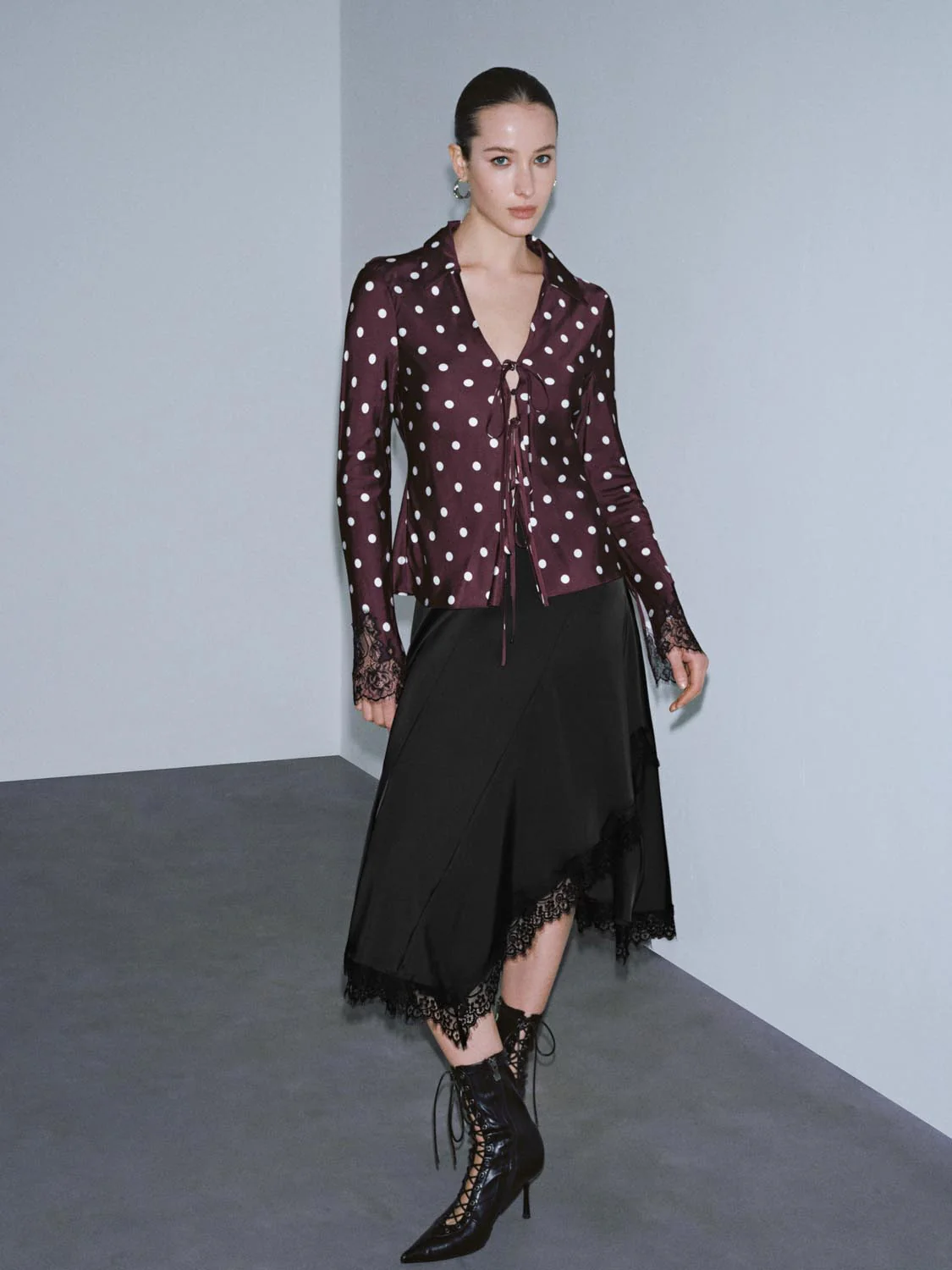 Polka Dotted Lace Trim V-Neck Laced-Up Shirts - Image 4