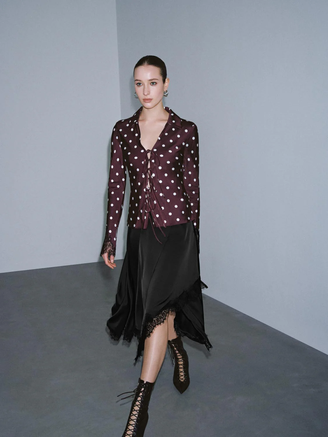Polka Dotted Lace Trim V-Neck Laced-Up Shirts - Image 5
