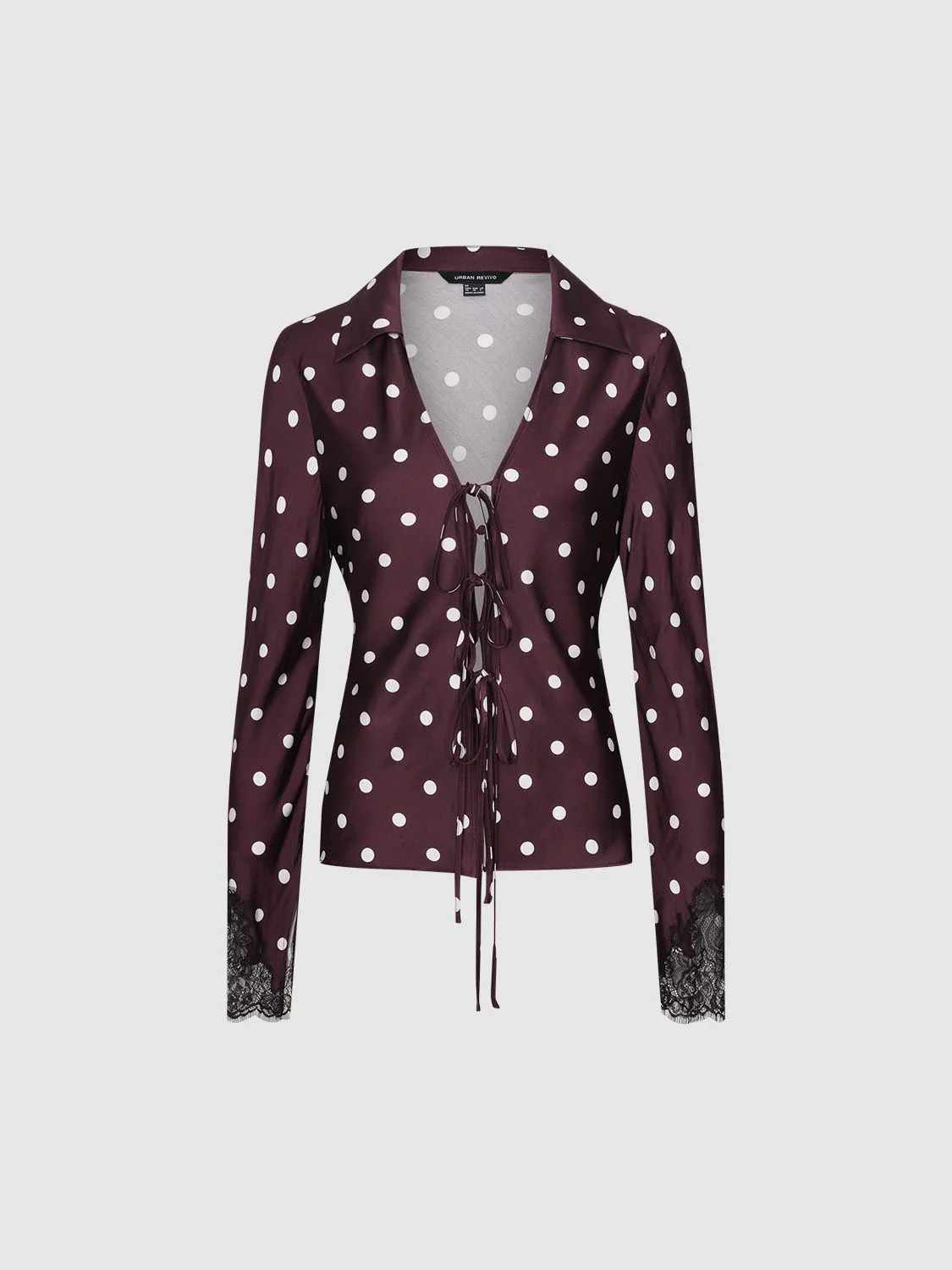 Polka Dotted Lace Trim V-Neck Laced-Up Shirts - Image 7