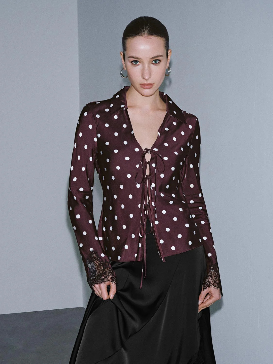 Polka Dotted Lace Trim V-Neck Laced-Up Shirts - Image 9