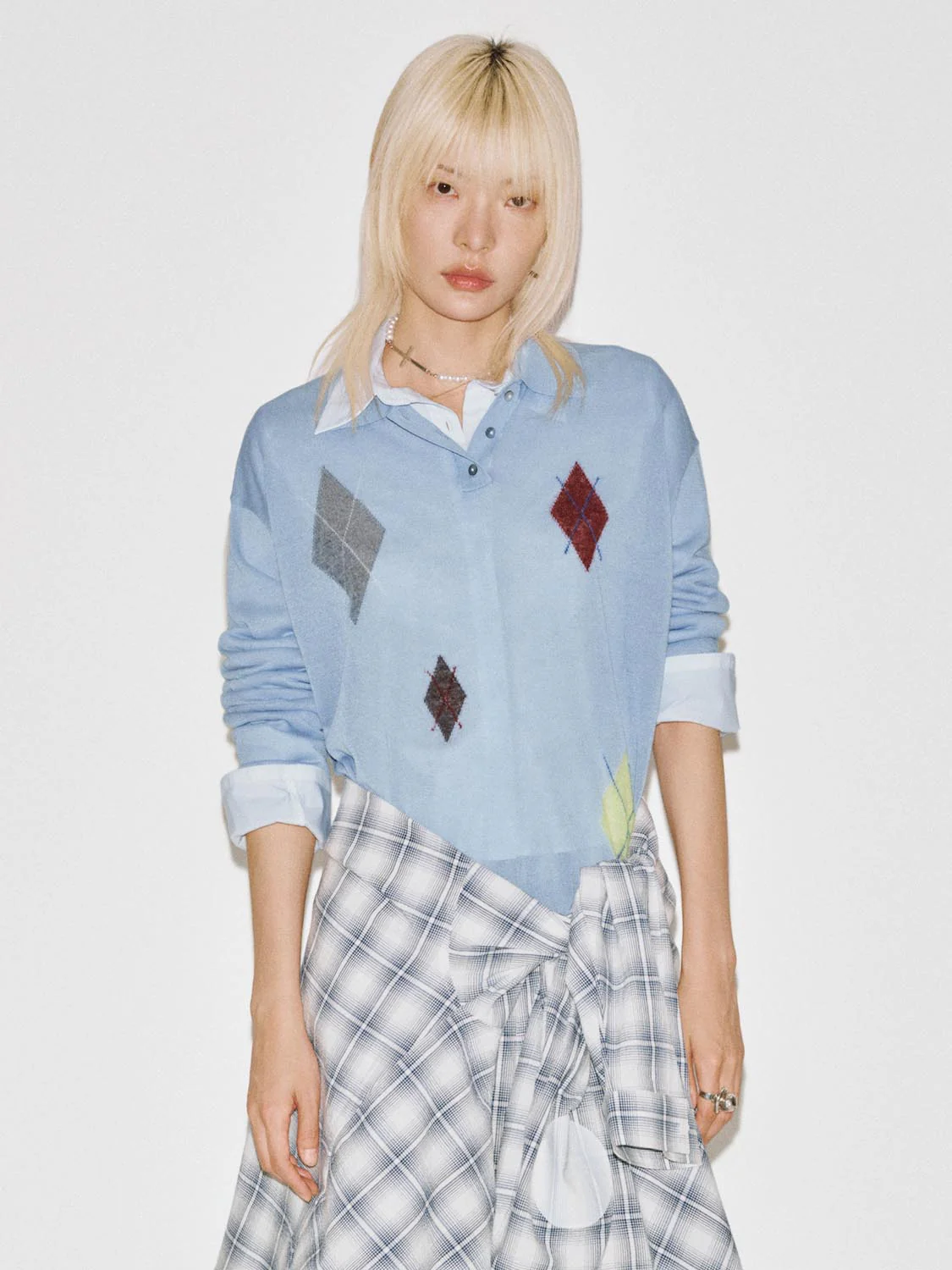 Polo Neck Argyle Detail Long Sleeve Knitted T-Shirts