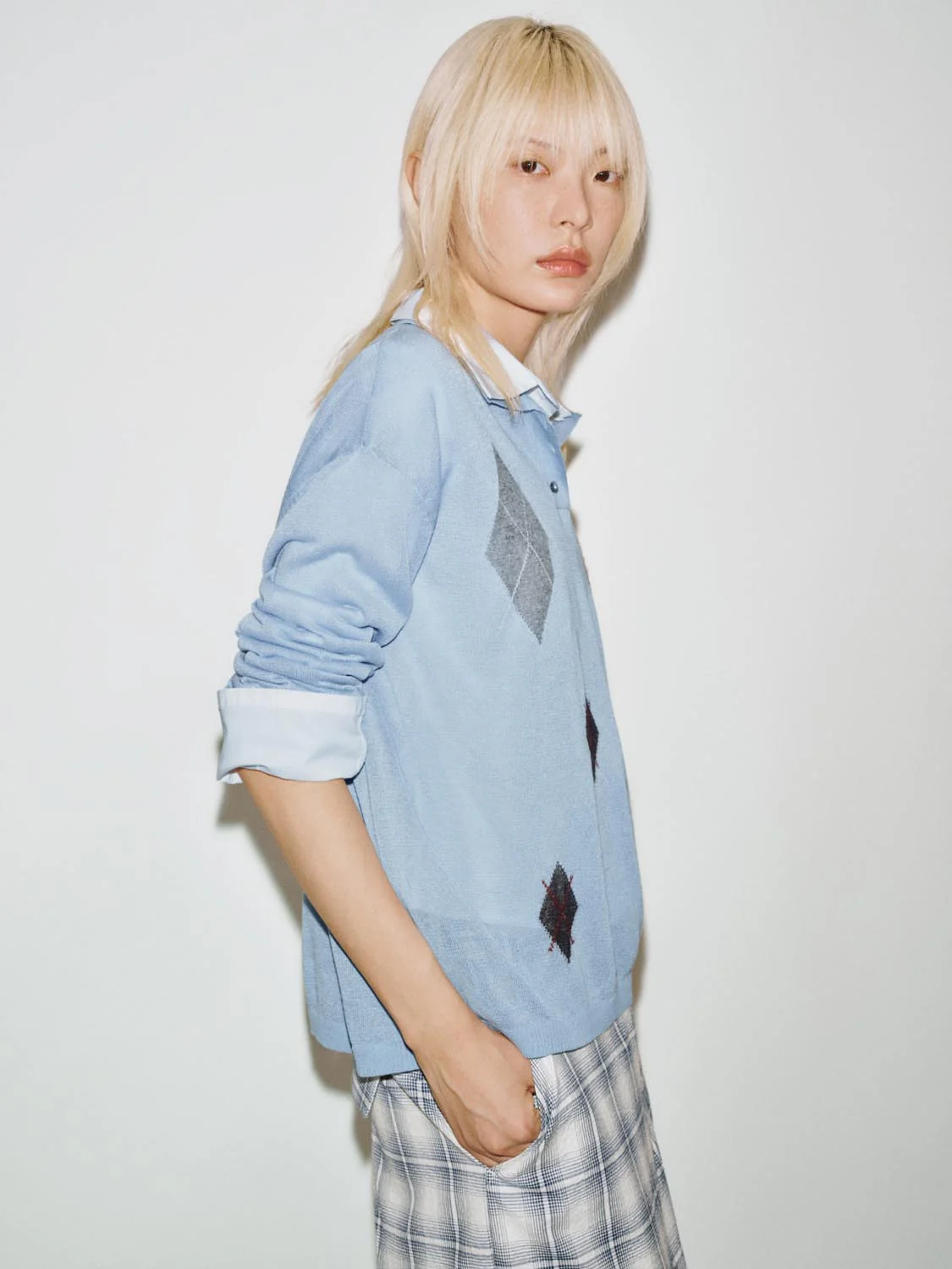 Polo Neck Argyle Detail Long Sleeve Knitted T-Shirts - Image 2
