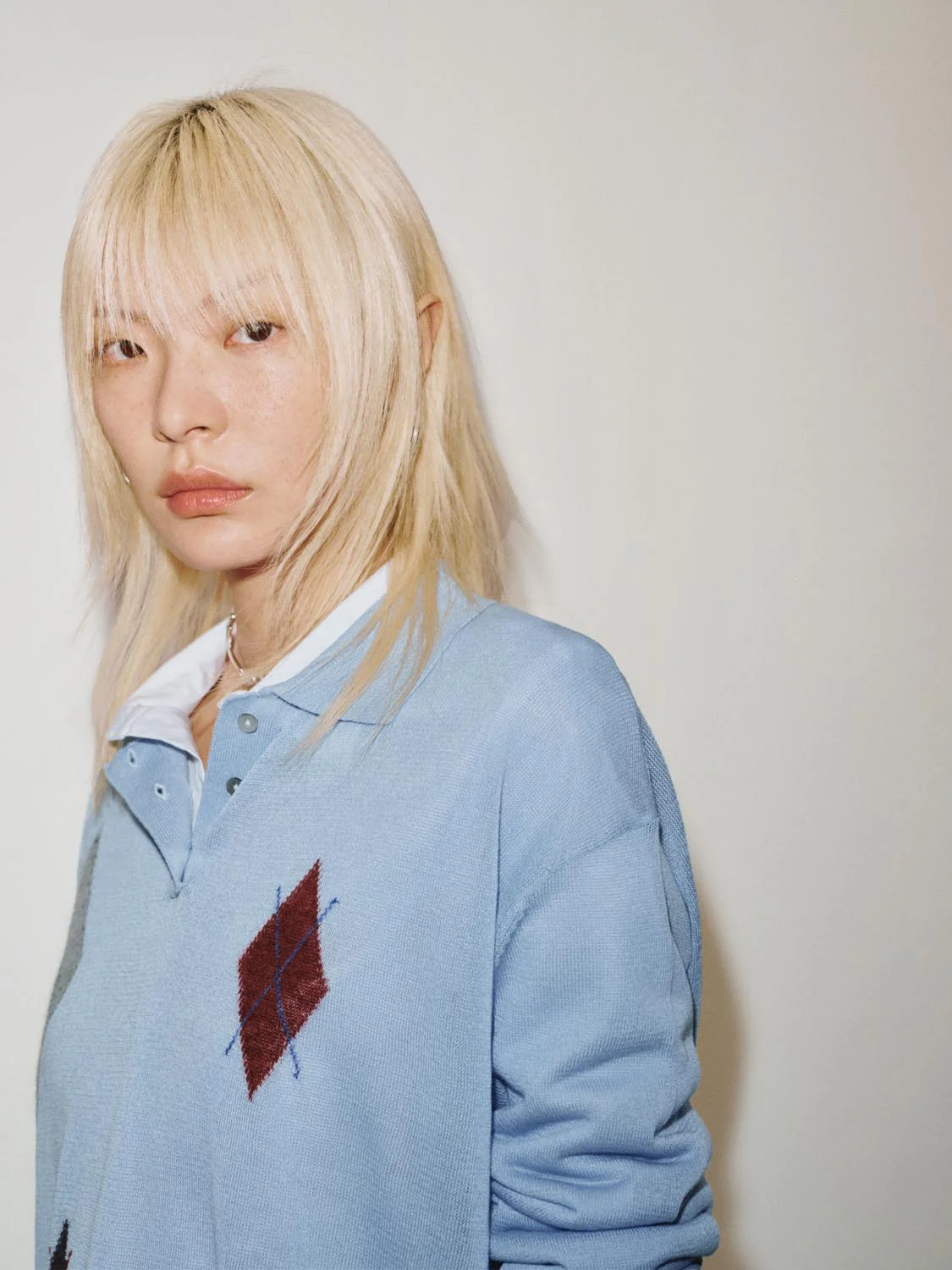 Polo Neck Argyle Detail Long Sleeve Knitted T-Shirts - Image 3