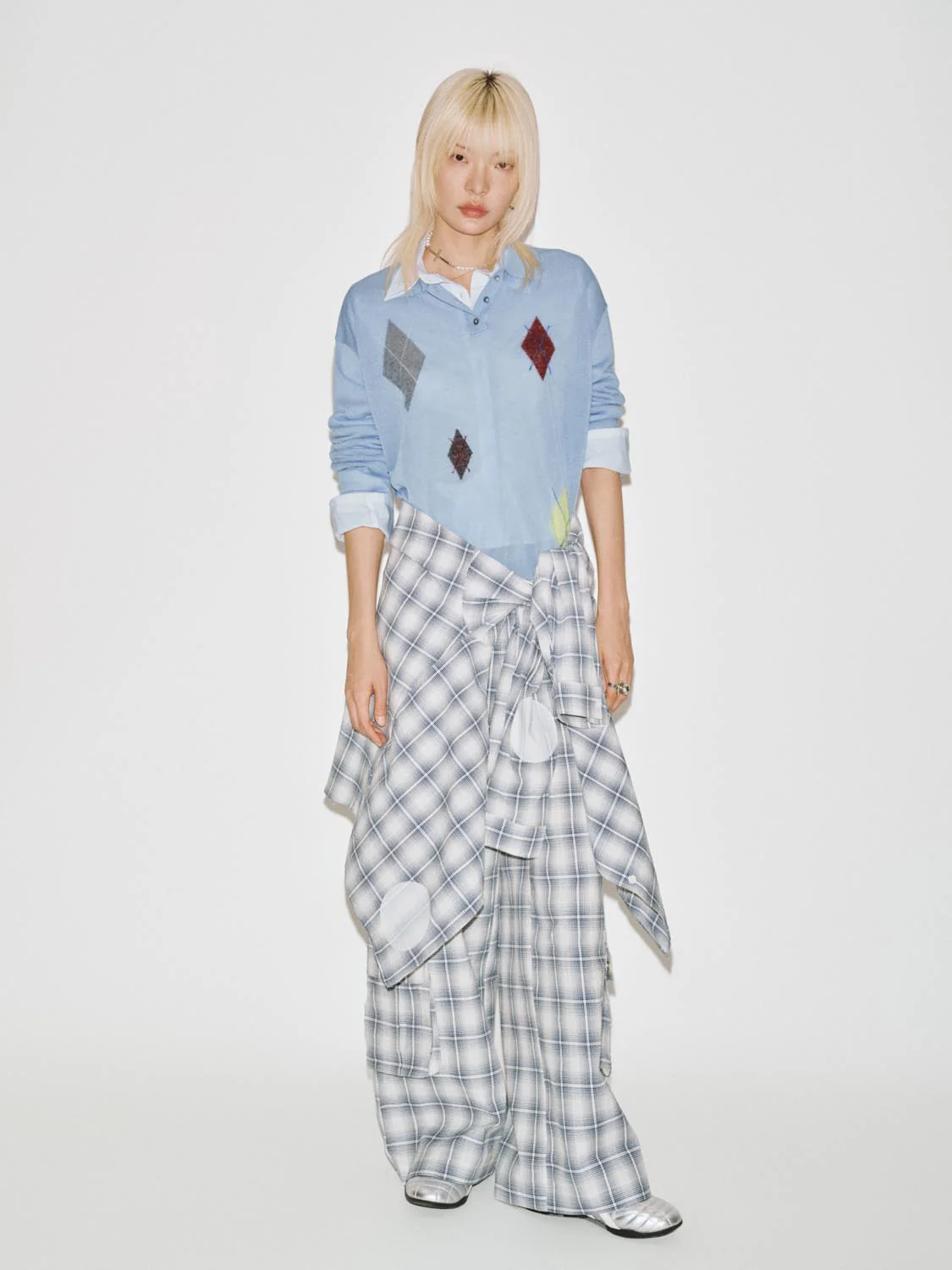Polo Neck Argyle Detail Long Sleeve Knitted T-Shirts - Image 4