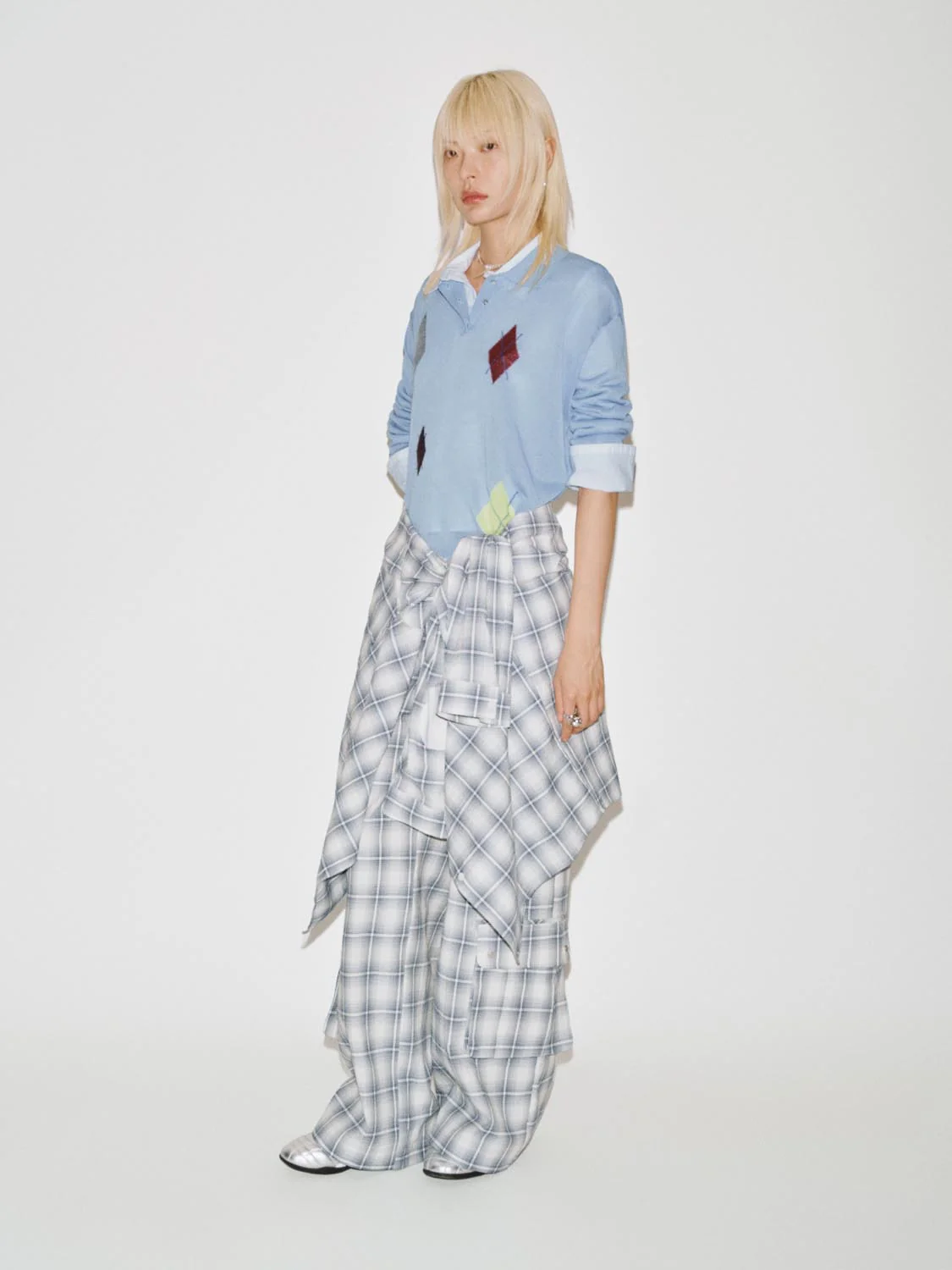 Polo Neck Argyle Detail Long Sleeve Knitted T-Shirts - Image 5