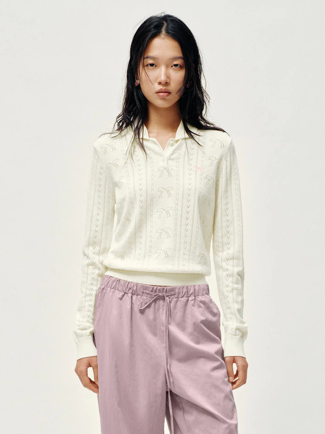 Polo Neck Bow Detail Long Sleeve Knitted T-Shirts