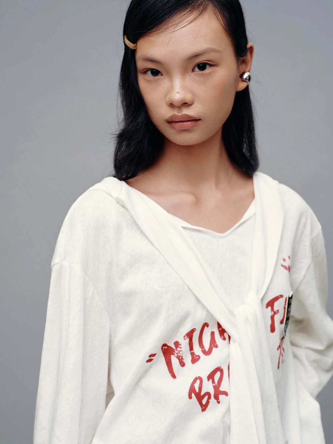 Printed Scarf Neck Hooded Long Sleeve T-Shirts - Image 3