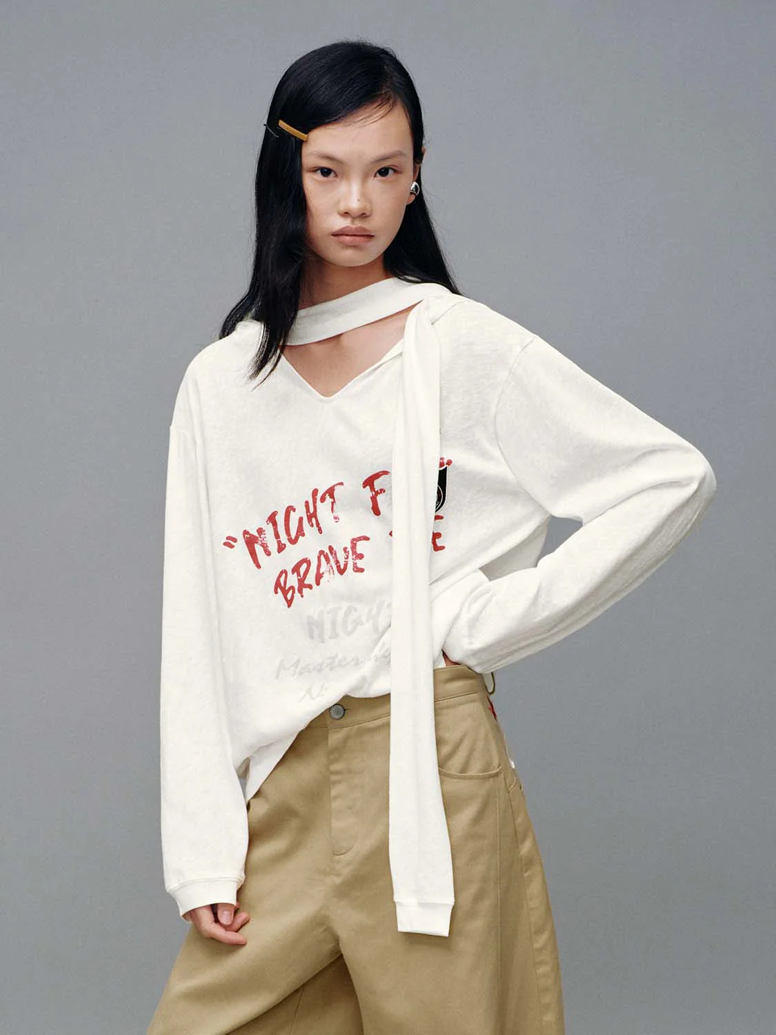 Printed Scarf Neck Hooded Long Sleeve T-Shirts - Image 4