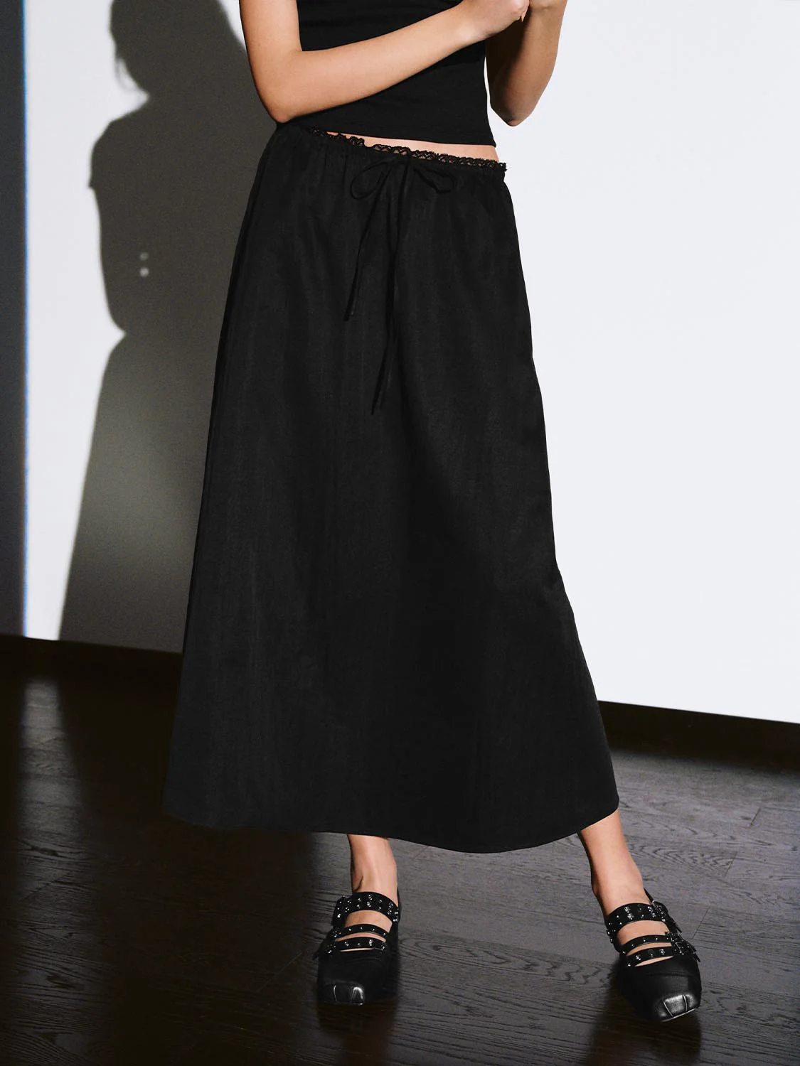 Pull On Drawstring A-Line Midi Skirts