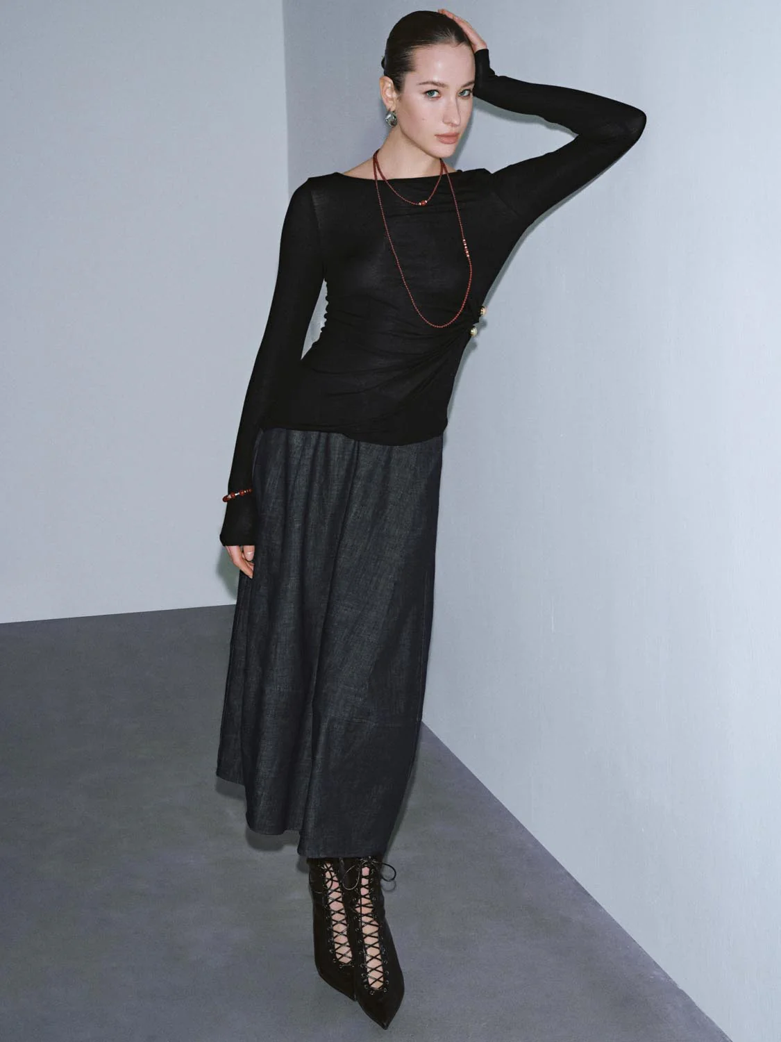 Pull On Loose Fit Denim Midi Skirts - Image 6