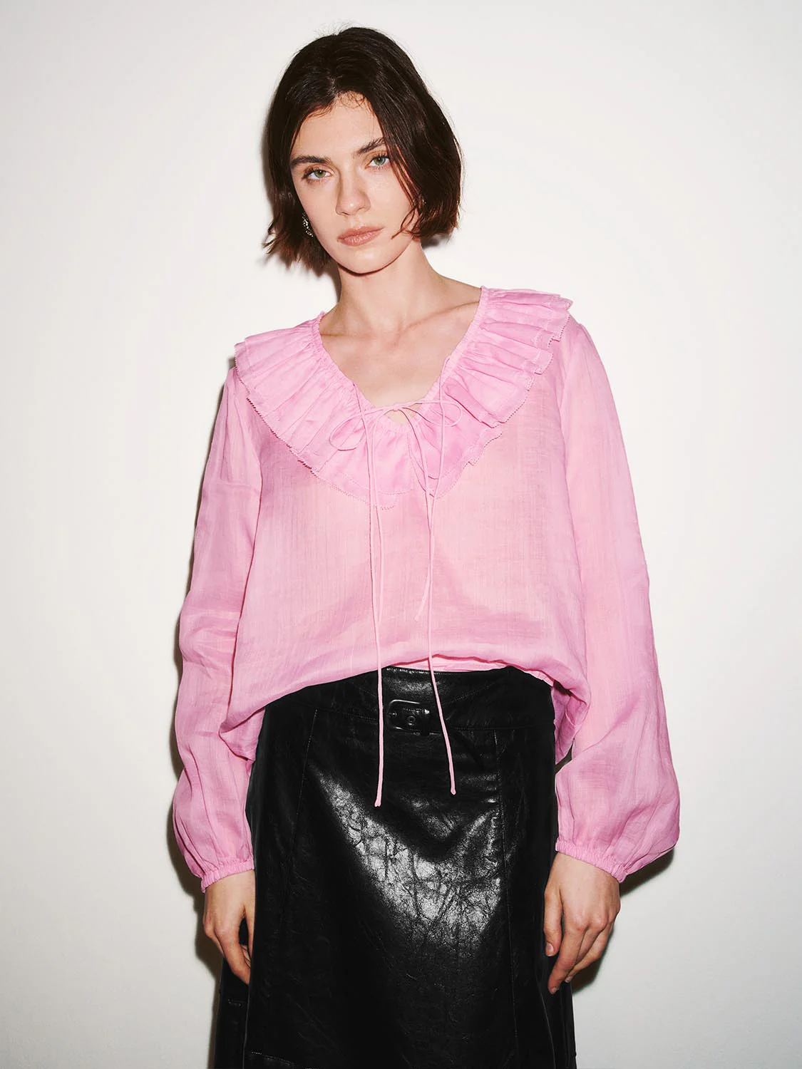 Ruffle Neck Lace-Up Long Sleeve Overhead Shirts