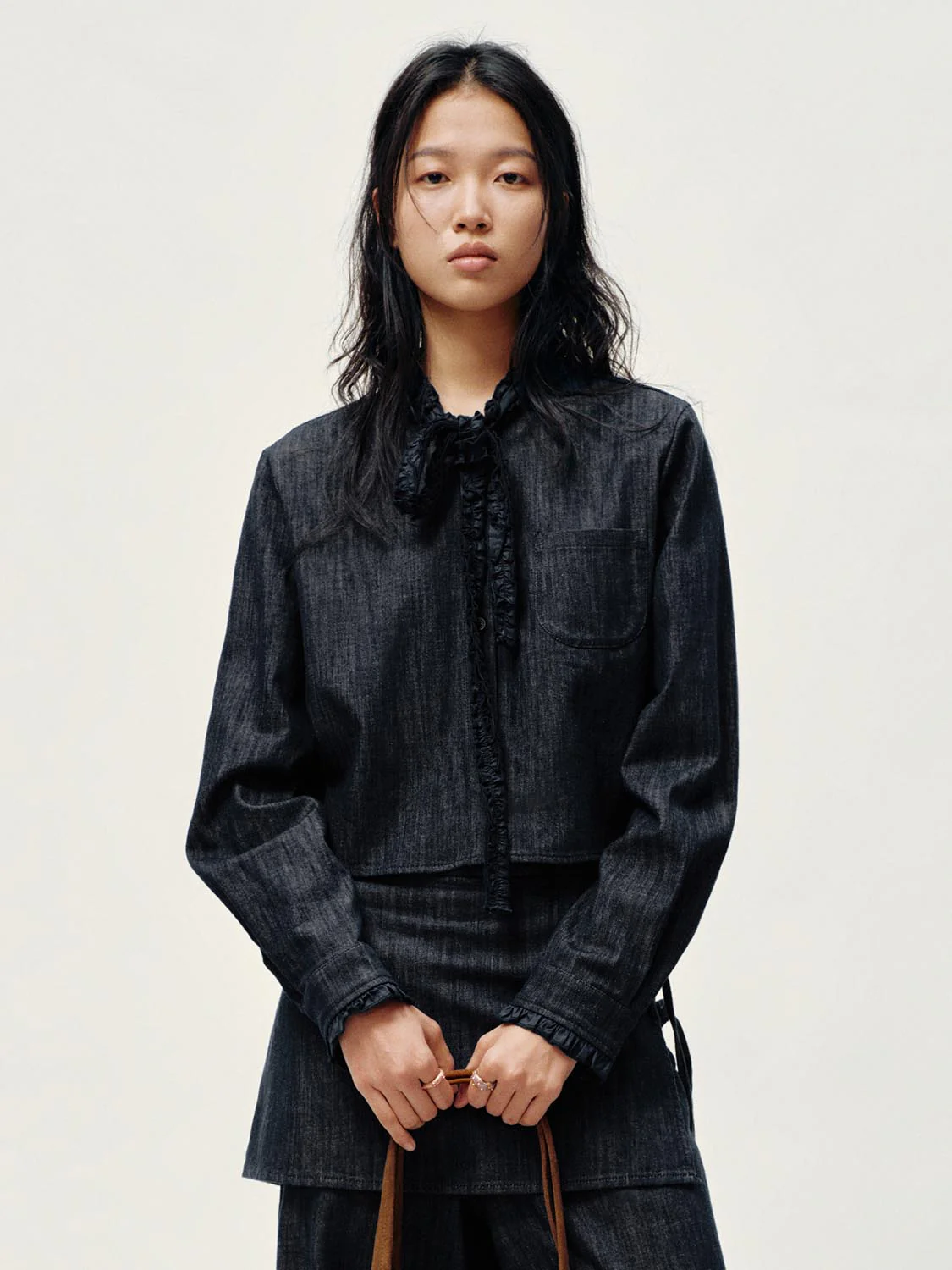 Ruffle Scarf Neck Denim Shirts