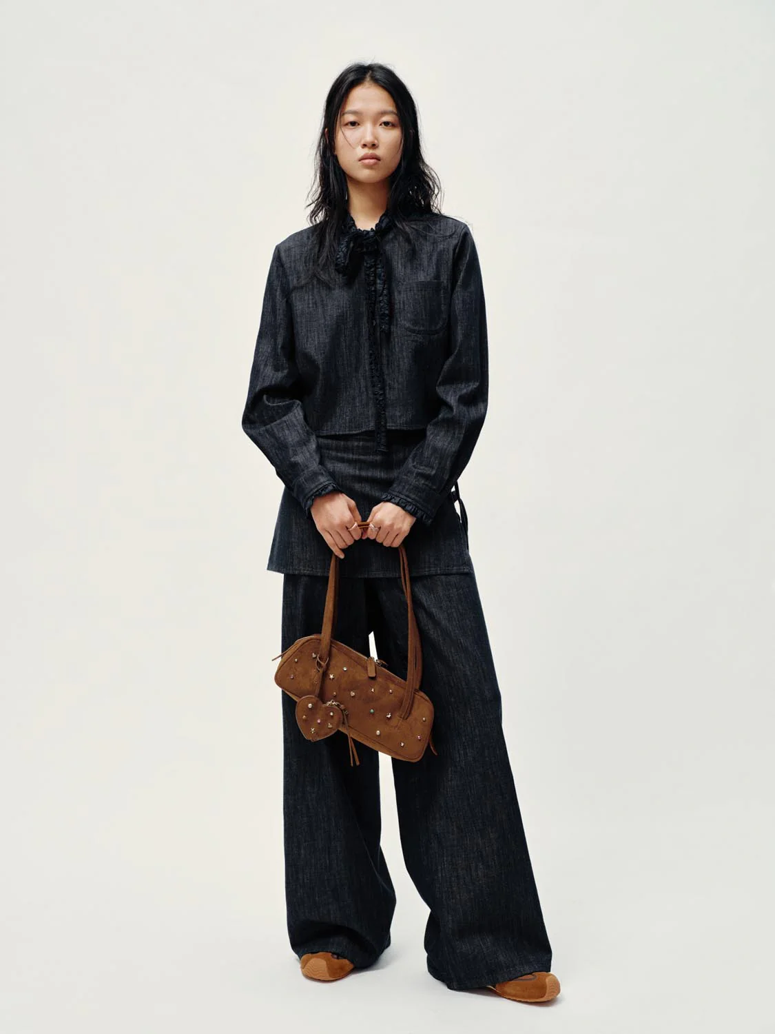 Ruffle Scarf Neck Denim Shirts - Image 5