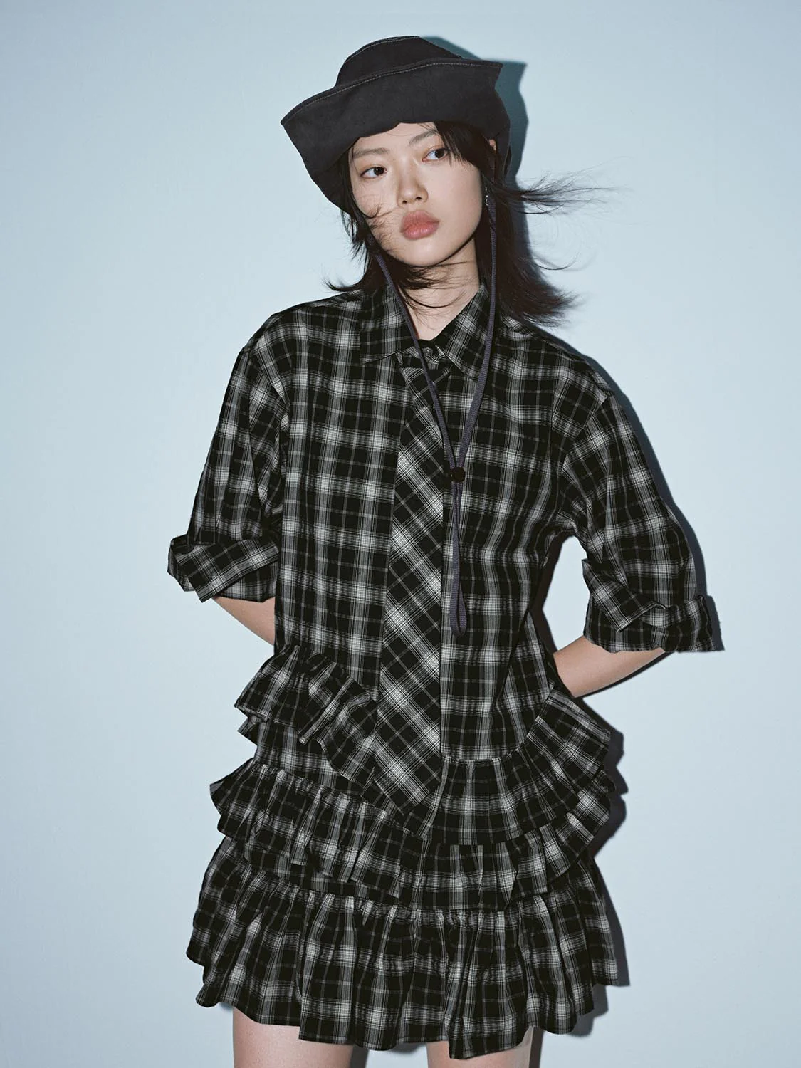 Ruffle Trim Check A-Line Tiered Midi Dresses