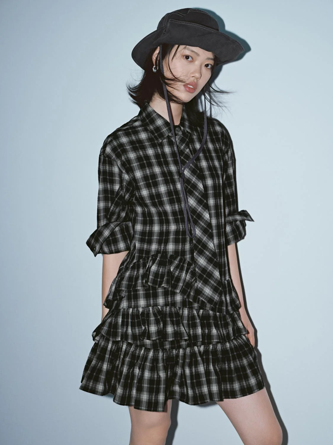 Ruffle Trim Check A-Line Tiered Midi Dresses - Image 2