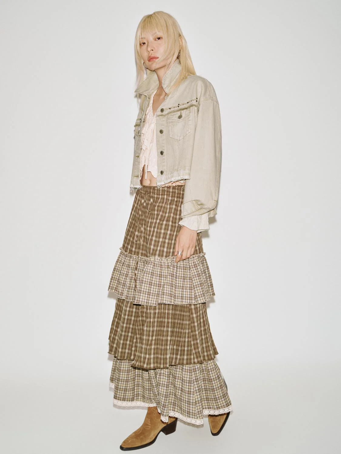 Ruffle Trim Contrast Check Tiered A-Line Midi Skirts - Image 6
