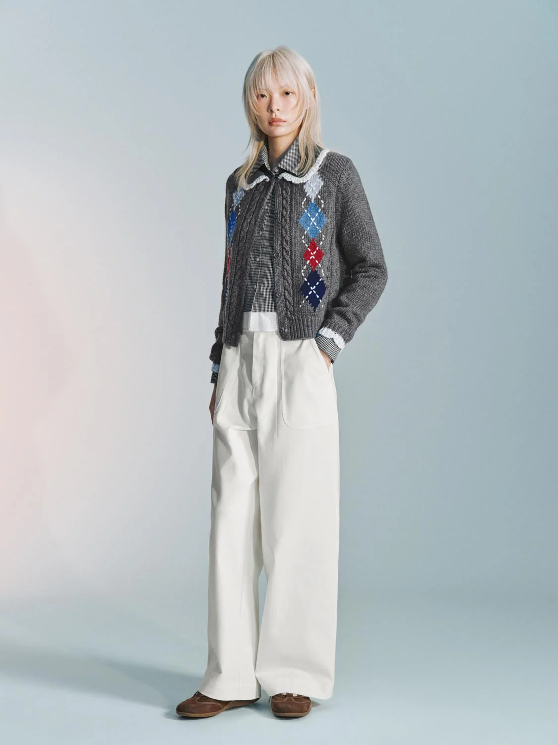 Ruffle Trim Intarsia Argyle Cable Knitted Cardigans - Image 5