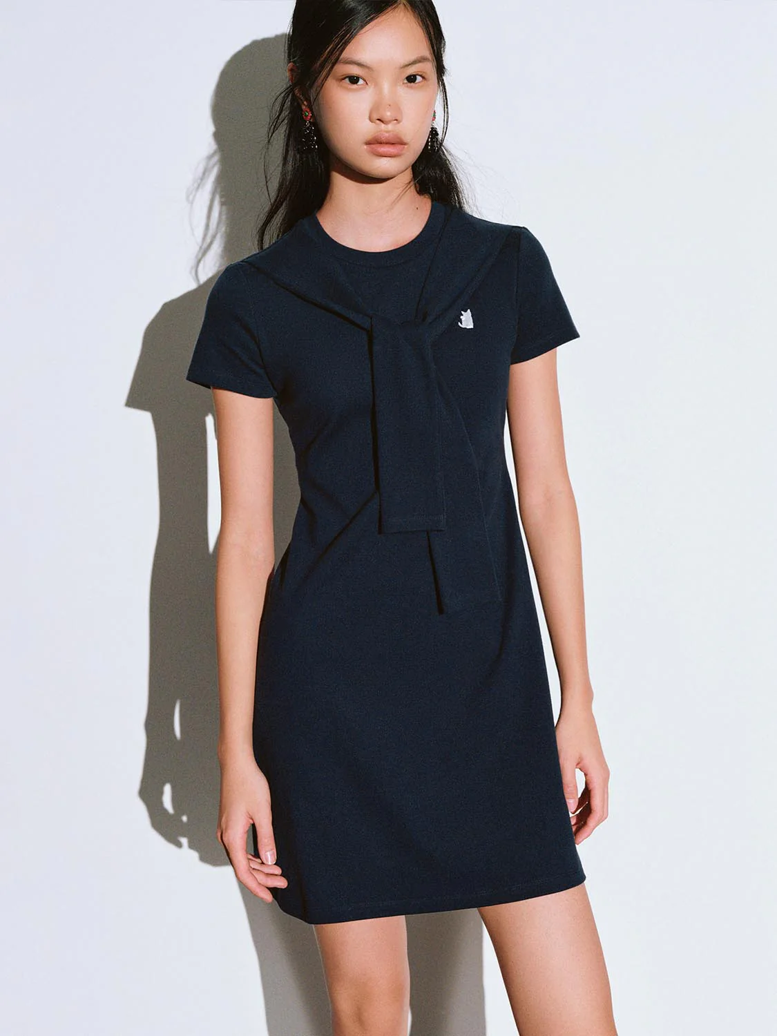 Scarf Detail Short Sleeve A-Line Midi Dresses