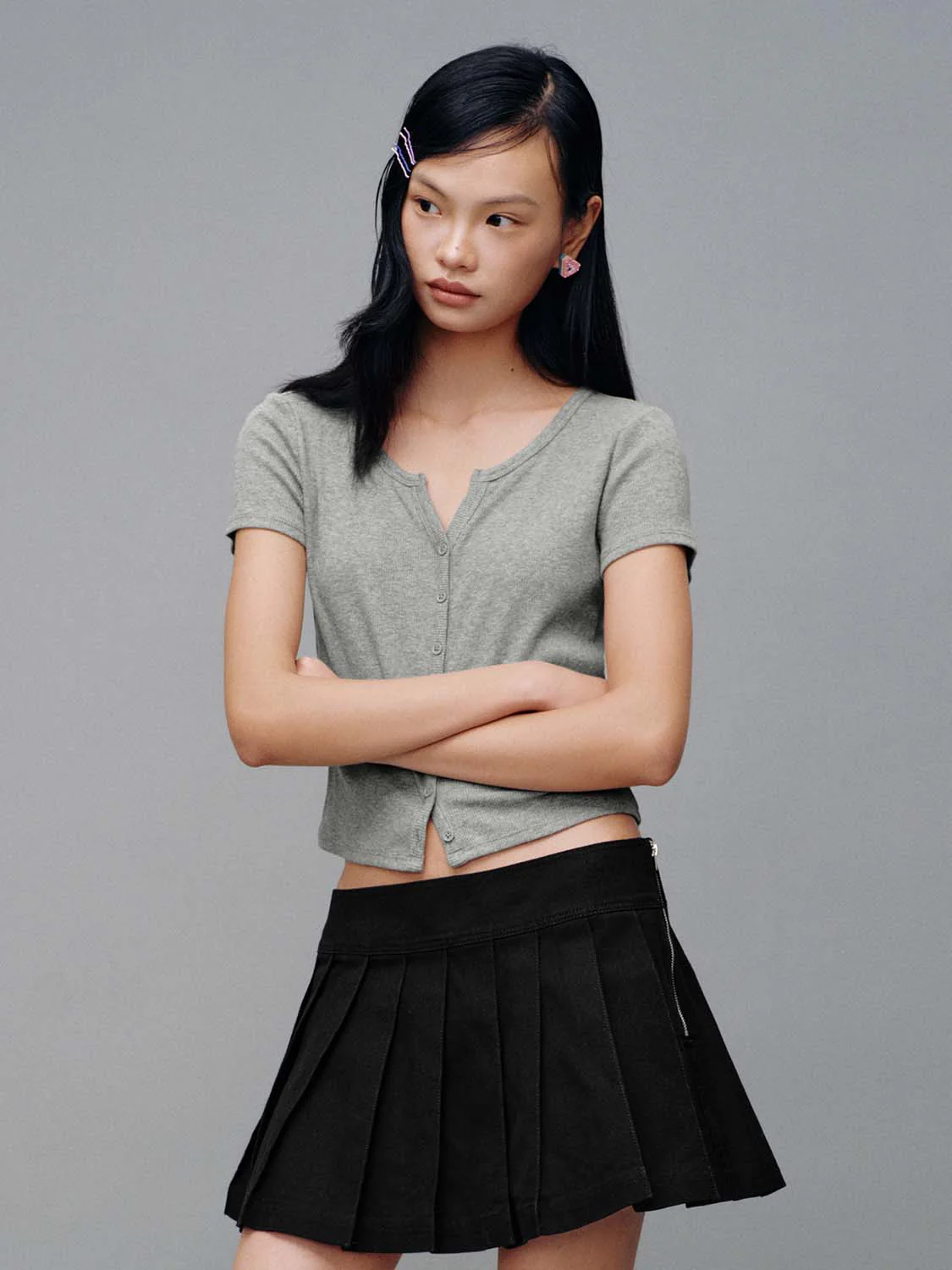 Scoop Neck Button Up Skinny Fit T-Shirts