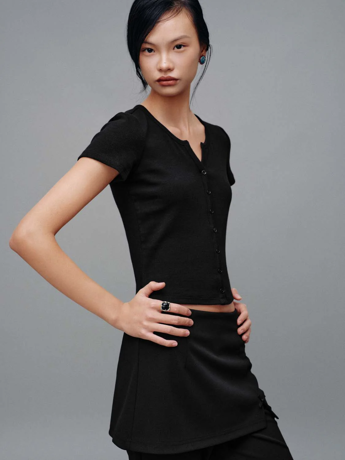 Scoop Neck Button Up Skinny Fit T-Shirts - Image 11