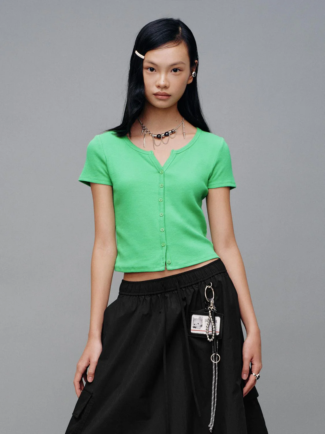 Scoop Neck Button Up Skinny Fit T-Shirts - Image 13