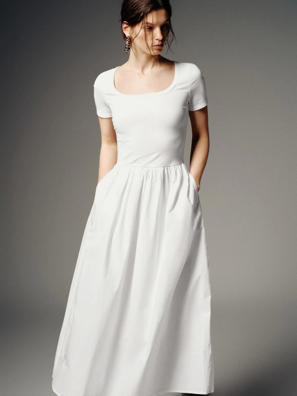 Scoop Neck Short Sleeve A-Line Midi Dresses - Image 4