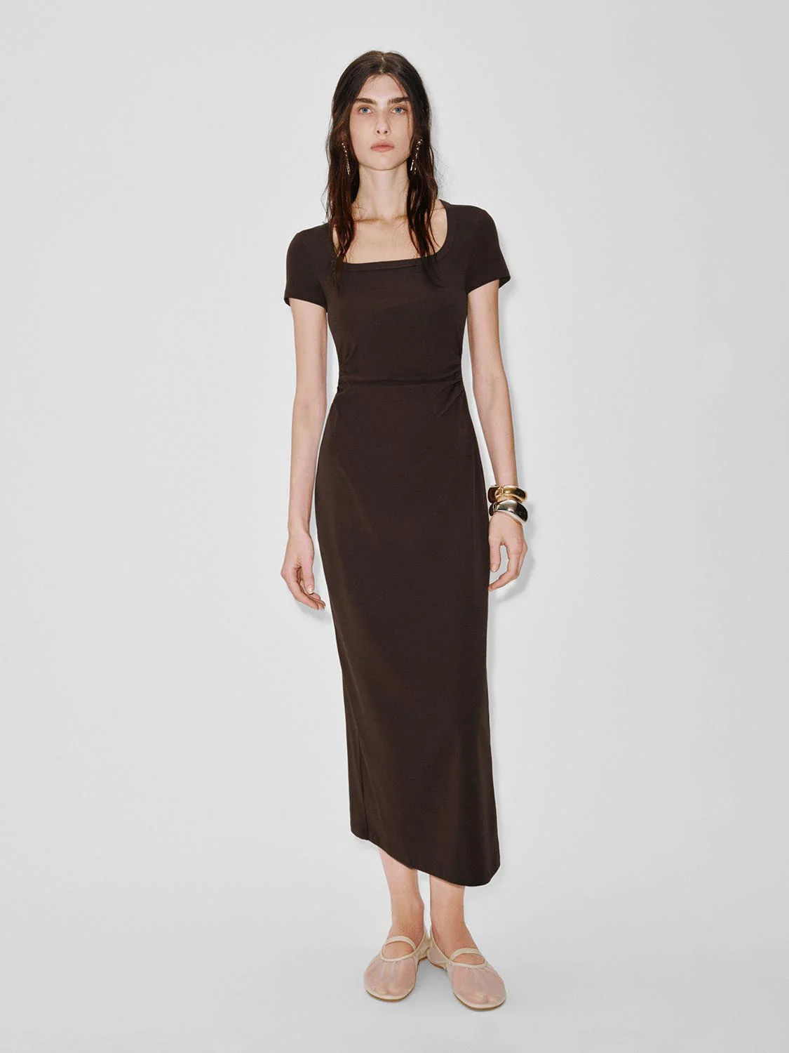 Scoop Neck Short Sleeve Slim-Fit Straight Midi Dresses - Image 9