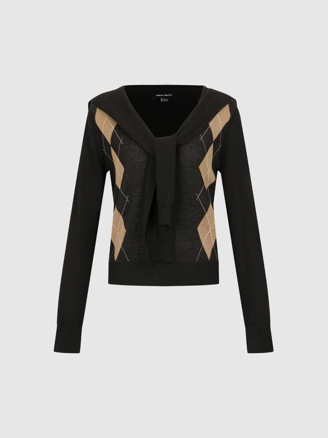 Shawl Detail Argyle Long Sleeve Knitted T-Shirts - Image 7