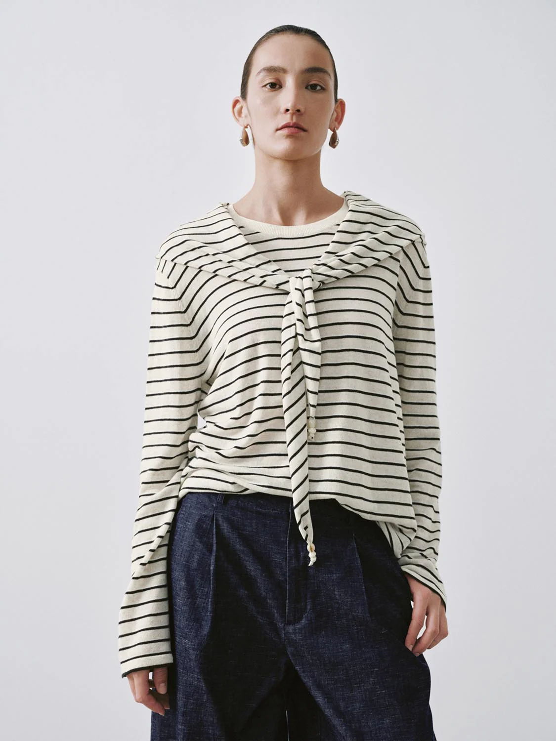 Shawl Detail Striped Long Sleeve Knitted T-Shirts