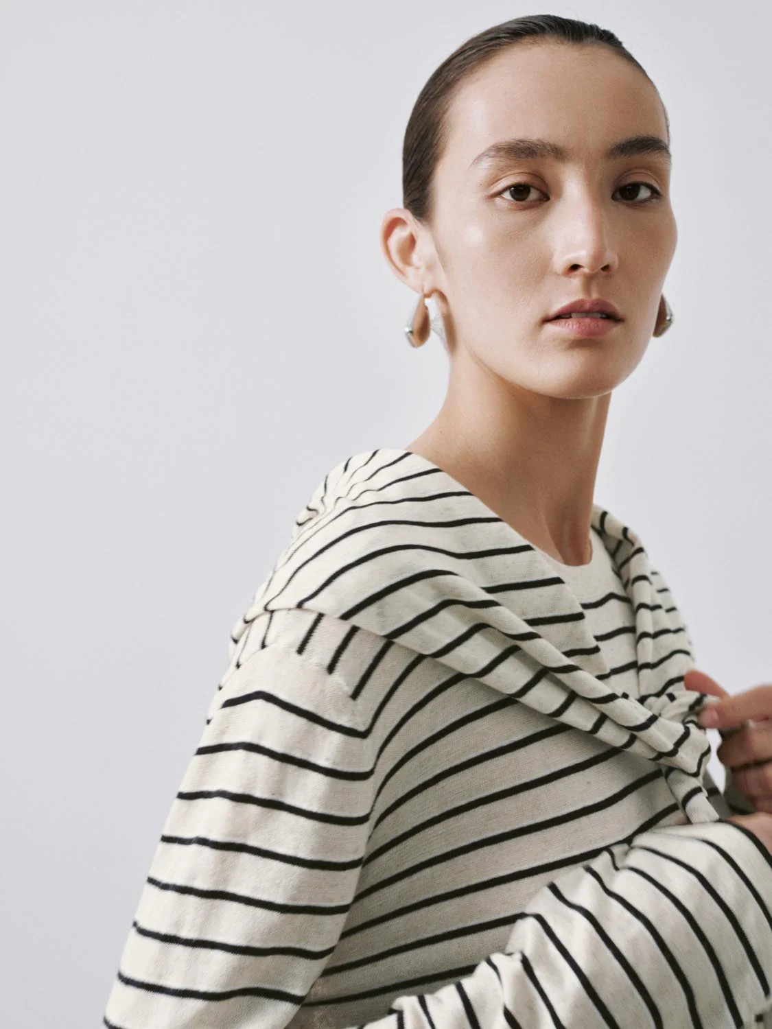 Shawl Detail Striped Long Sleeve Knitted T-Shirts - Image 3