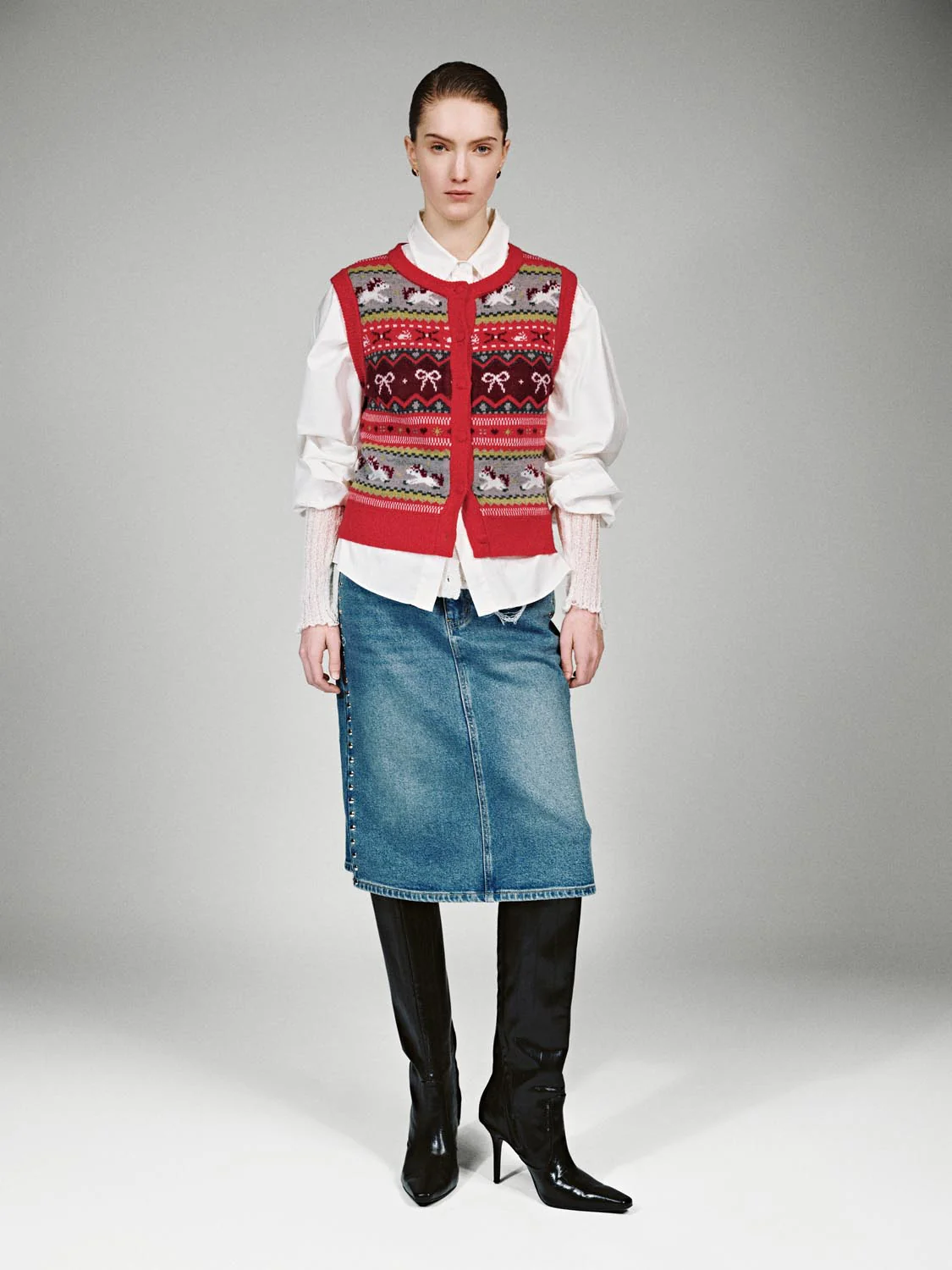 Sleeveless Striped Intarsia Knitted Cardigans - Image 4