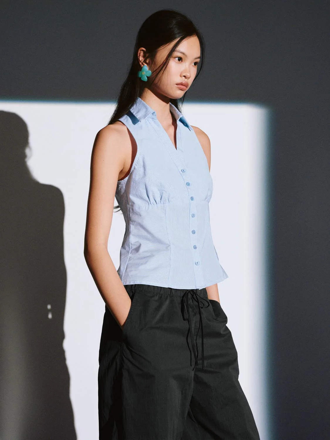 Spliced Button Detail Sleeveless Shirts - Image 2