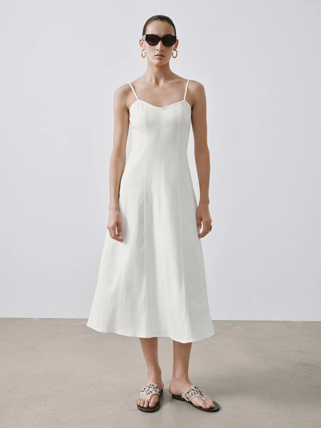 Strappy Seamed Denim Midi Dresses