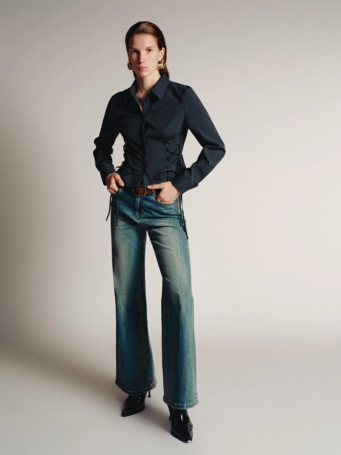 String Detail Ruched Waist Shirts - Image 3