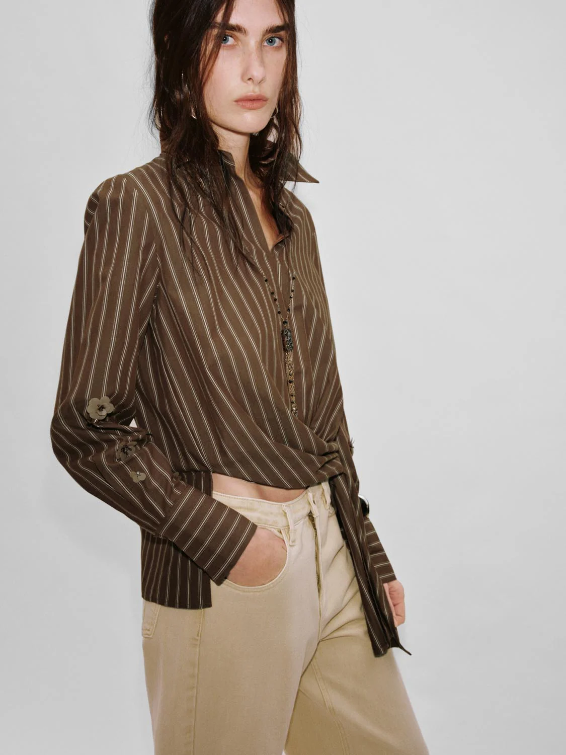 Striped Contrast Tie-Front Overhead Shirts - Image 2