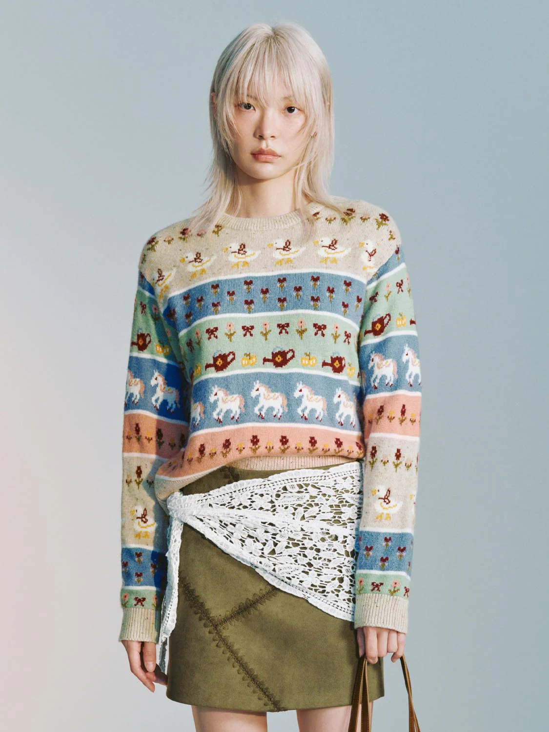 Striped Intarsia Long Sleeve Knitted T-Shirts - Image 9