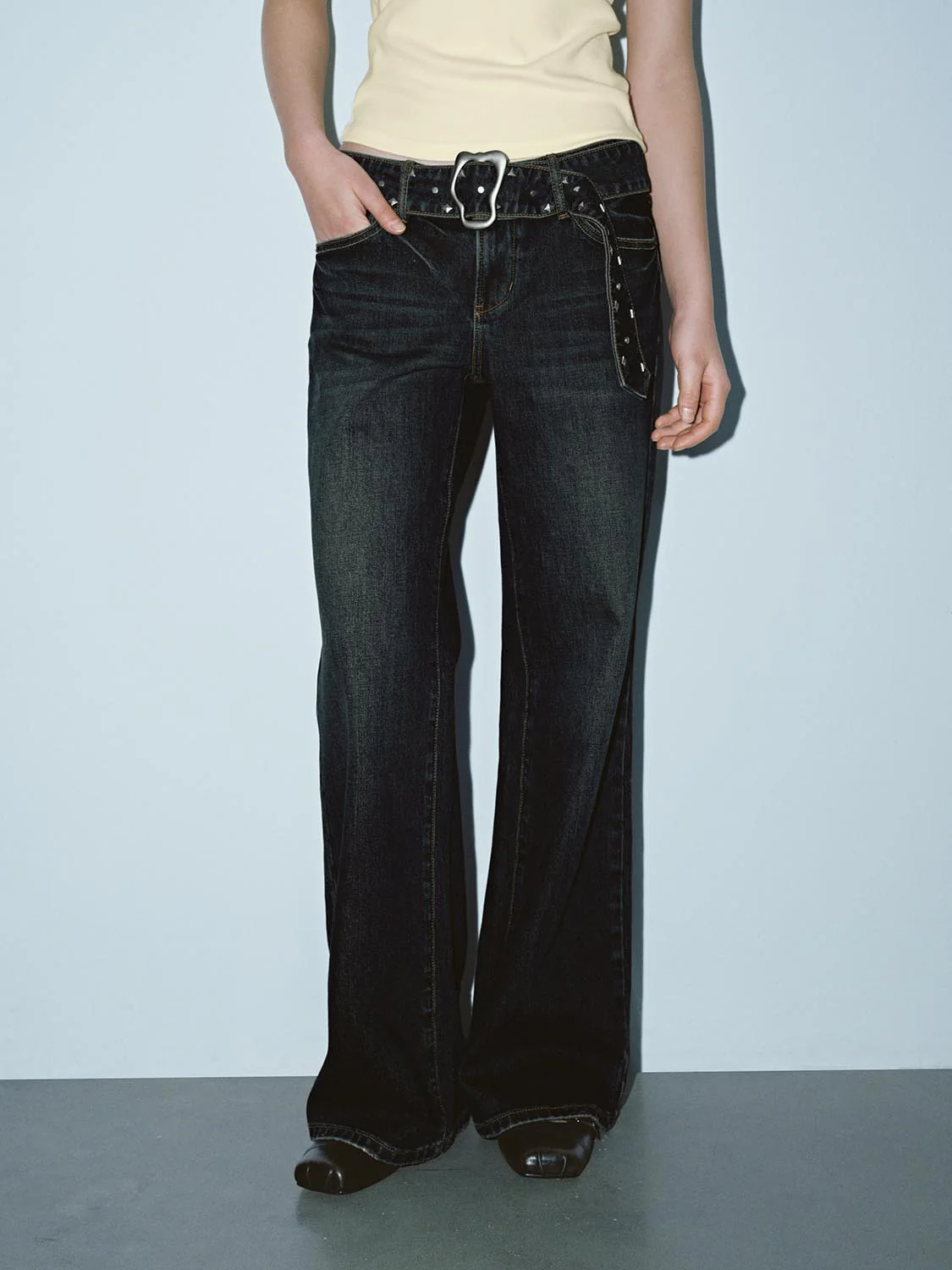 Studded Belt Wide Leg Jeans