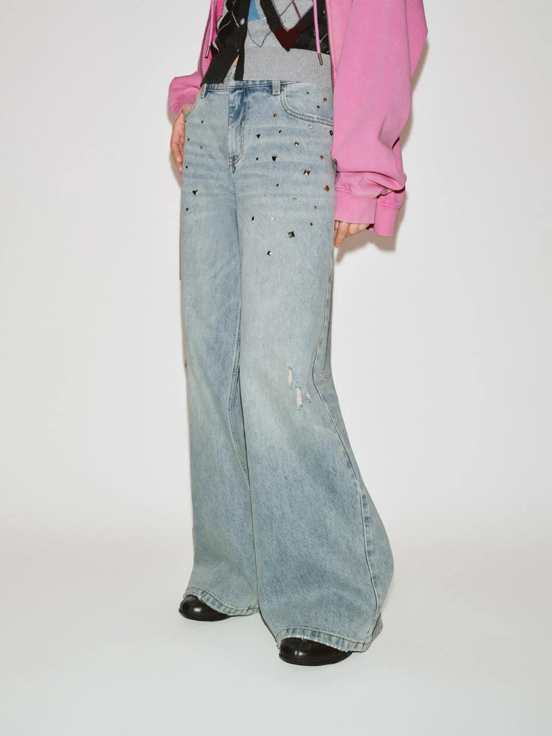 Studded Raw Detail Wide Leg Jeans - Image 3