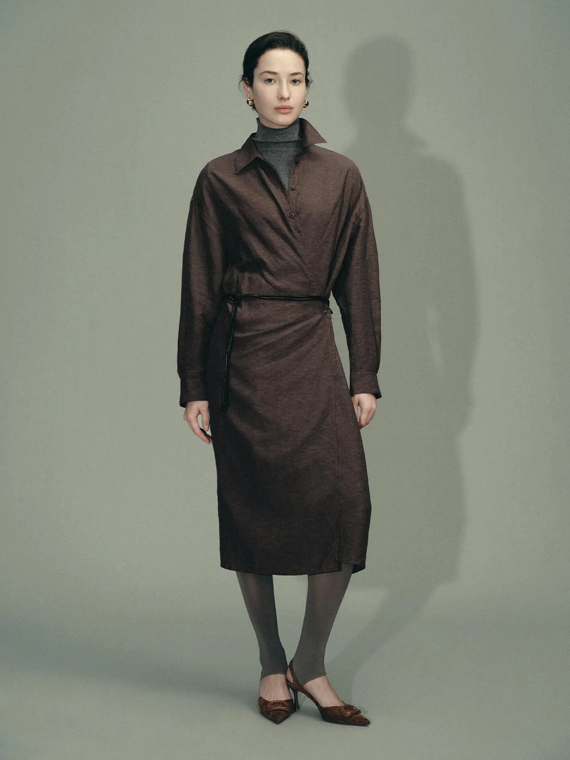 Tie Belt Long Sleeve Straight Midi Dresses - Image 7
