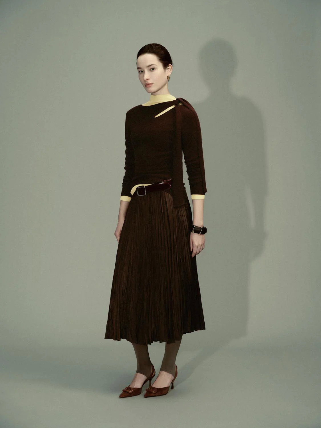 Tie Neck Asymmetric Long Sleeve Knitted T-Shirts - Image 5