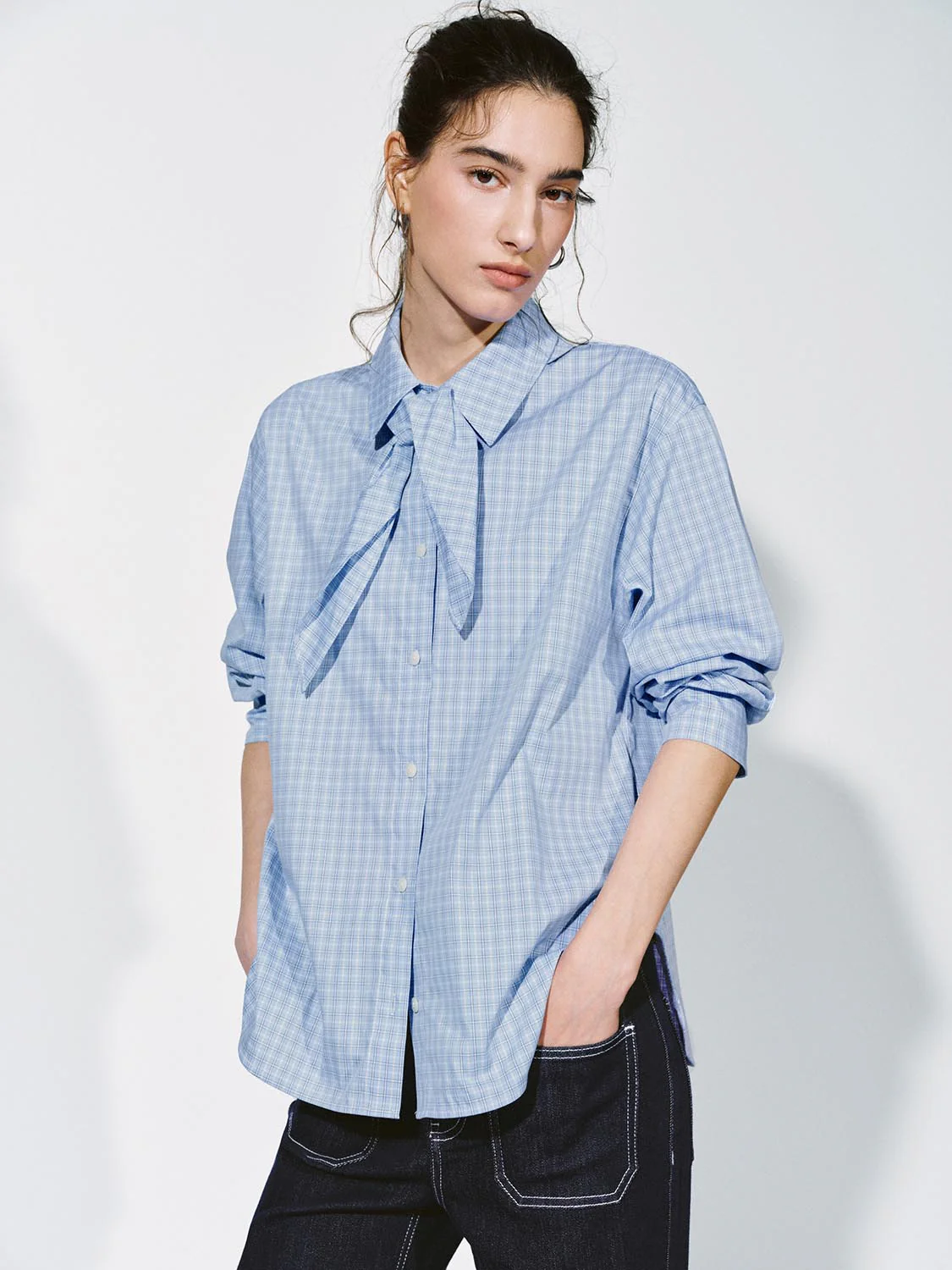 Tie Neck Plaid Shirts - Image 9