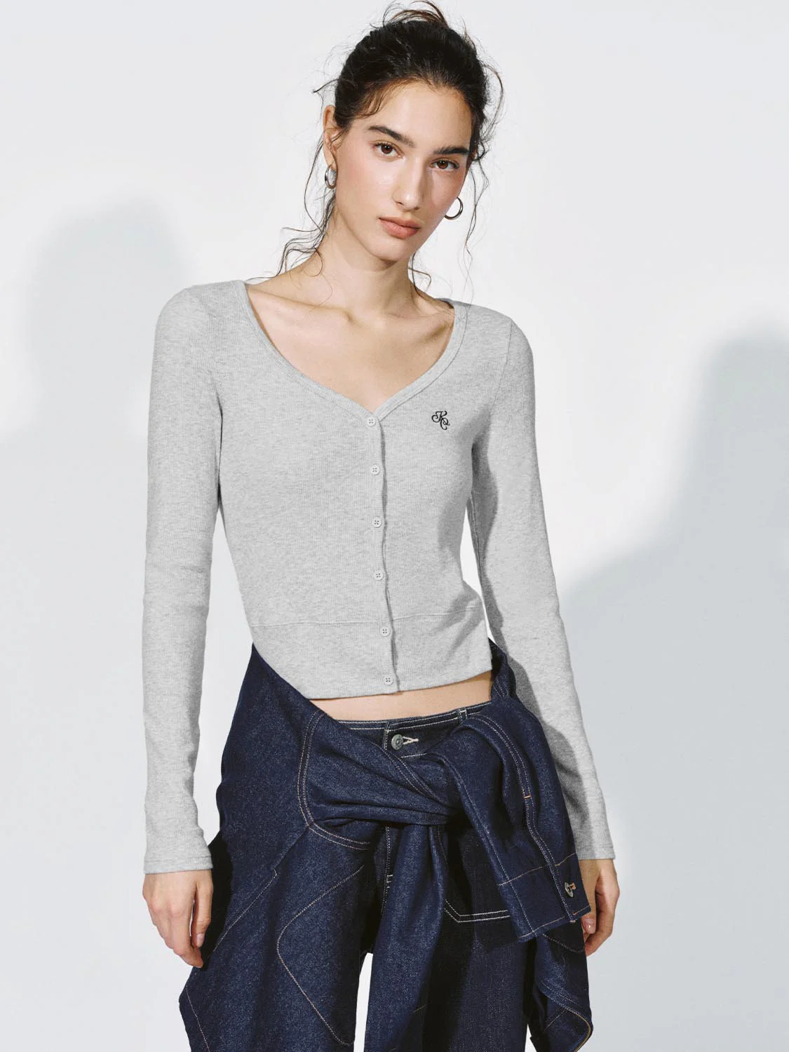 V-Neck Embroidered Slim Fit Long Sleeve Knitted T-Shirts - Image 25