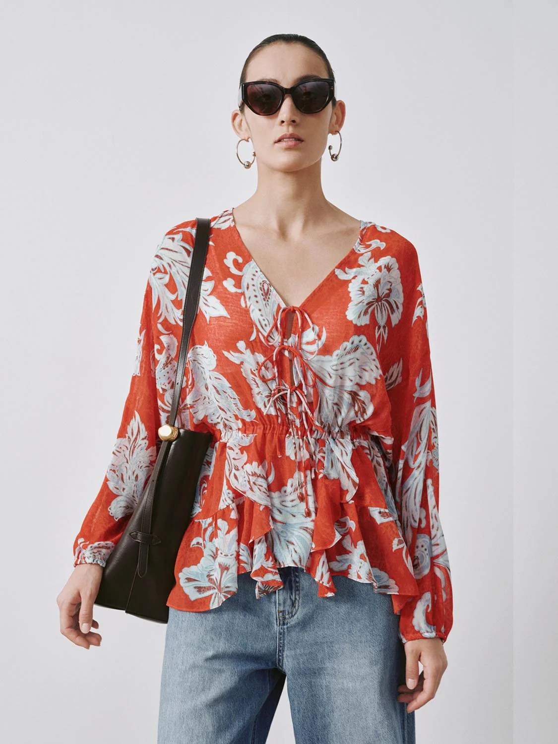 V-Neck Tie Detail Floral Intarsia Overhead Shirts
